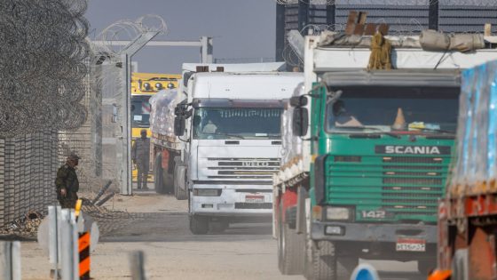 Trucks carry humanitarian aid destined for the Gaza Strip at the Kerem Shalom crossing