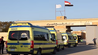 Ambulances drive as the Rafah border crossing between Egypt and the Gaza Strip reopens, amid a ceasefire between Israel and Hamas, in Rafah, Egypt, February 1, 2025. REUTERS/Mohamed Abd El Ghany