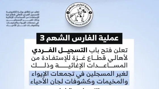 فتح باب التسجيل الفردي لمساعدات أهالي غزة عبر عملية الفارس الشهم 3