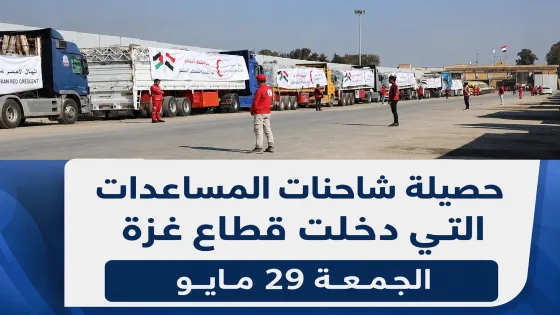 حصيلة شاحنات المساعدات التي دخلت قطاع غزة الجمعة 29 مايو