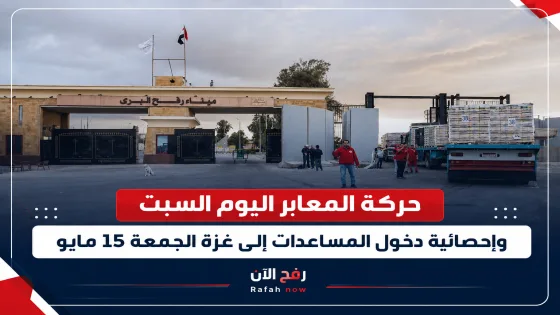 حركة المعابر اليوم السبت وإحصائية دخول المساعدات إلى غزة الجمعة 15 مايو